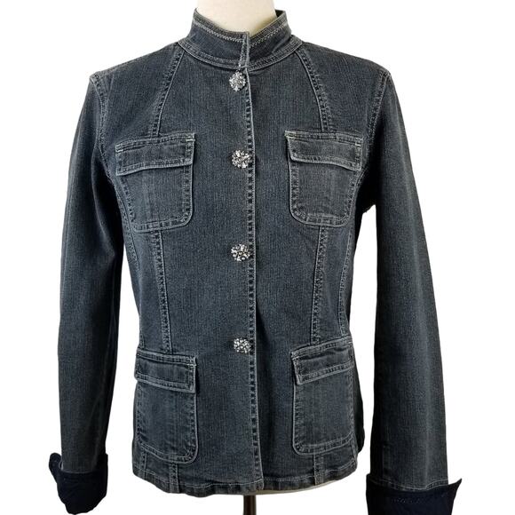 Tahari  Blue Denim Vintage Jean Jacket Rhinestone  Flower Snaps Excellent   M - Picture 1 of 9